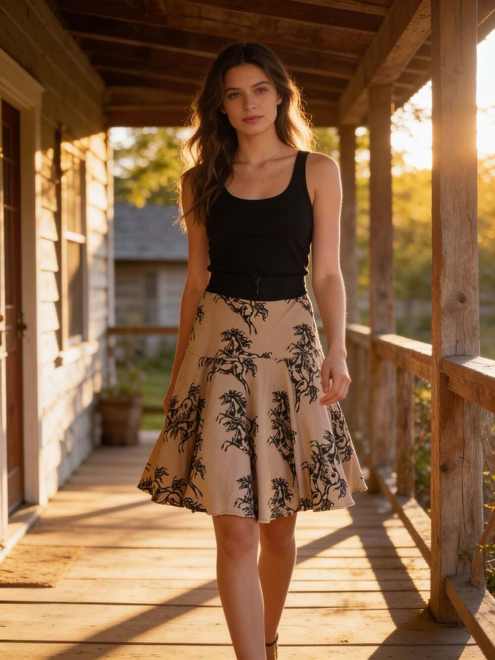 Odille Iconic Wild Horses Full Skirt Rustic Linen Country Cottage Cowgirl Boho 8